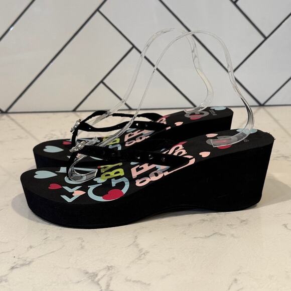 Guess Y2K Black Hearts silver bling accent Platform Flip Flop Sandals size 10 - Picture 1 of 9